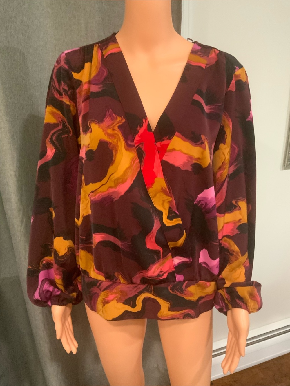 Nine West Burgundy Abstract Wrap Blouse with Mustard & Fuchsia Accents